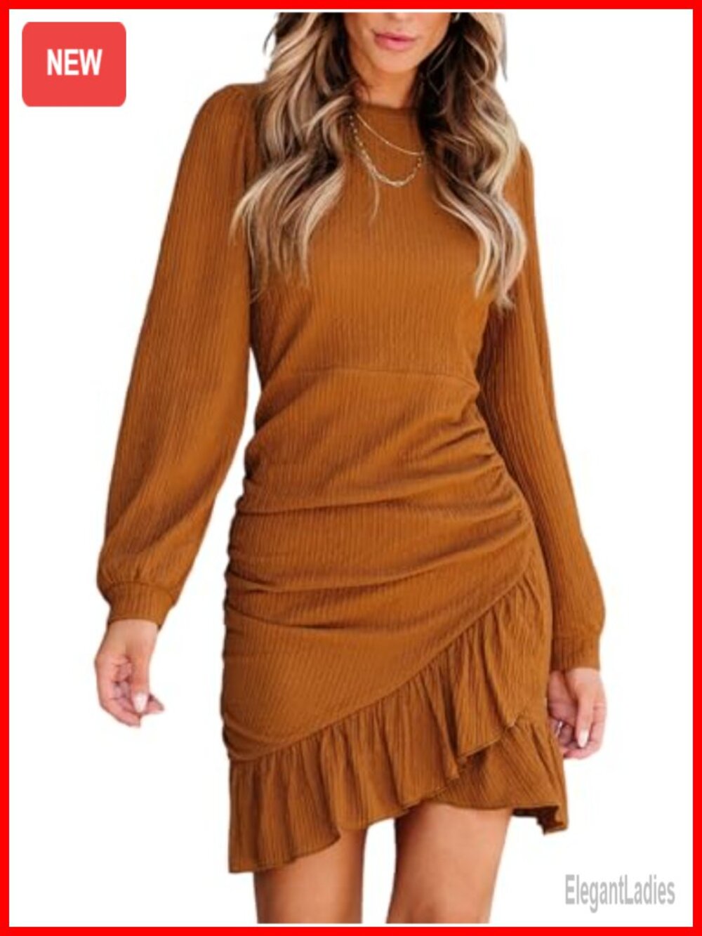 Smocked Ruffle Bodycon Mini Dress Long Sleeve Party Night Out Fall